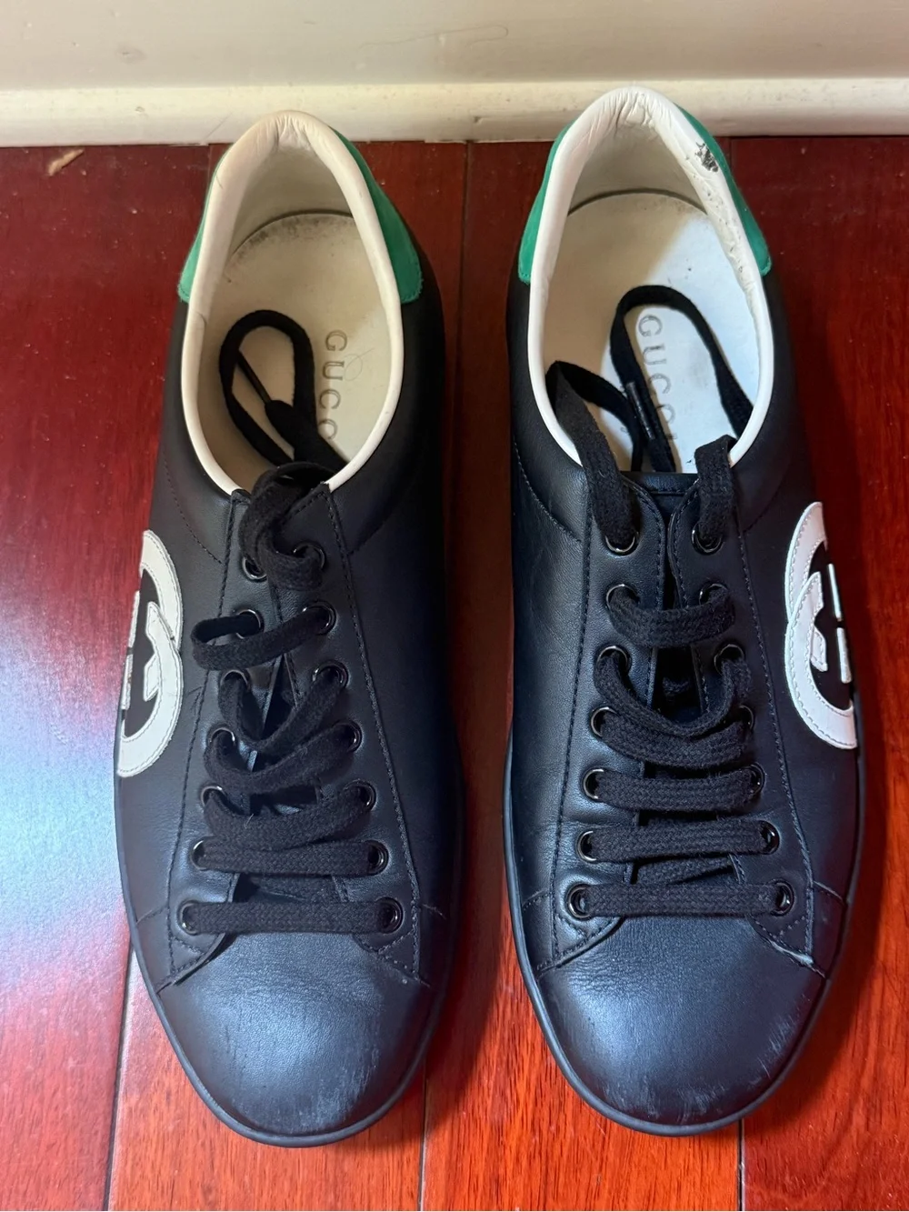 Gucci Black Leather Sneakers with White GG Logo and Green Heel
